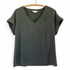 Ee:Some Womens V-Neck Blouse Olive Green V-Neck Cuffed Sleeve Small